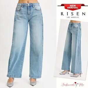 RISEN Mid Rise Snap Button Medium Wash Wide Barrel Transferable Leg Denim Jeans